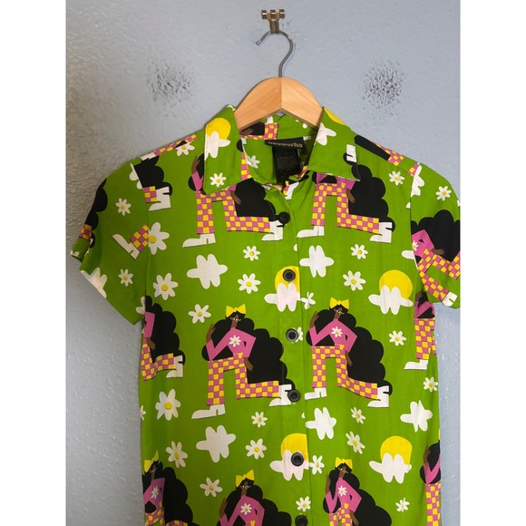 Nooworks Short Sleeve Button Up Shirt Checkered‎ Ladies Lime Green Size XS - Picture 3 of 8